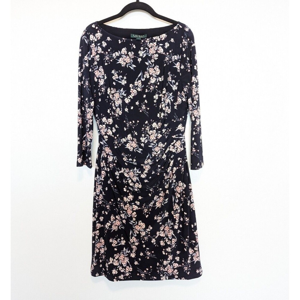 LAUREN RALPH LAUREN Floral Dress Womens Size 12 Blue Sheath Knee Length Office